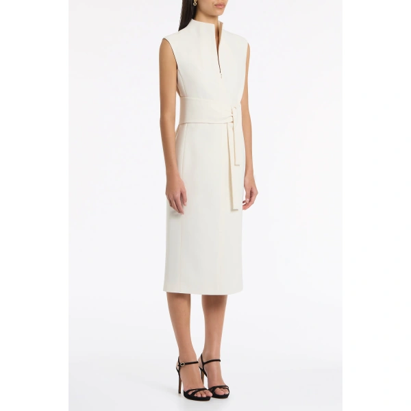 Carla Zampatti Ivory Crepe High Neck Tie Front Midi Dress | Midi Dresses | Coveti
