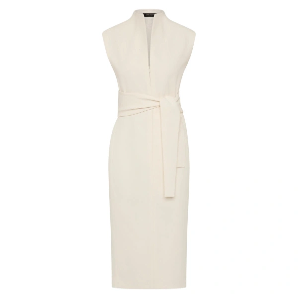 Ivory Crepe High Neck Tie Front Midi Dress