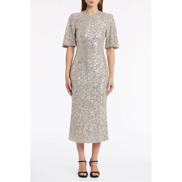 Carla Zampatti Ivory Crushed Sequin Bell Sleeve Midi Dress | Midi Dresses | Coveti