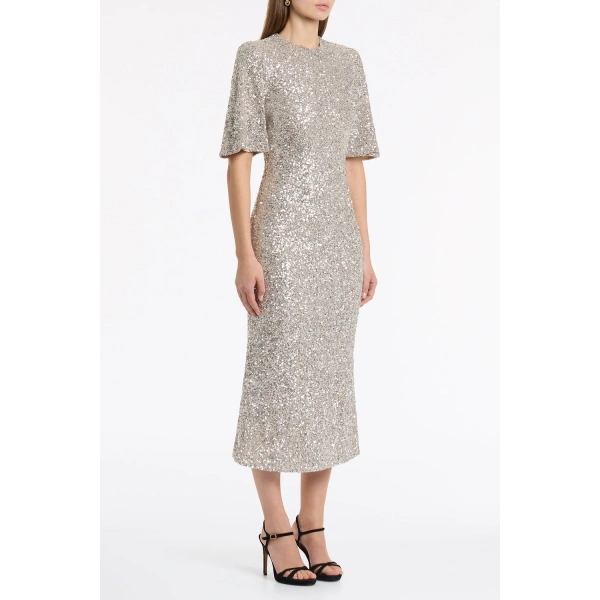 Carla Zampatti Ivory Crushed Sequin Bell Sleeve Midi Dress | Midi Dresses | Coveti