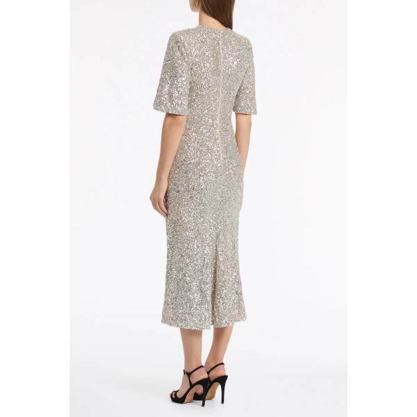 Carla Zampatti Ivory Crushed Sequin Bell Sleeve Midi Dress | Midi Dresses | Coveti