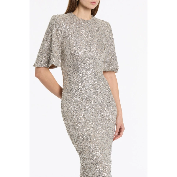 Carla Zampatti Ivory Crushed Sequin Bell Sleeve Midi Dress | Midi Dresses | Coveti