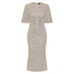 Carla Zampatti Ivory Crushed Sequin Bell Sleeve Midi Dress | Midi Dresses | Coveti