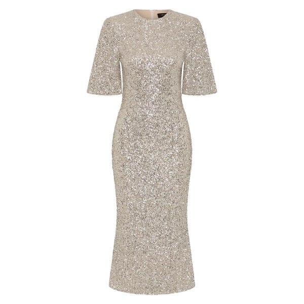 Ivory Crushed Sequin Bell Sleeve Midi Dress