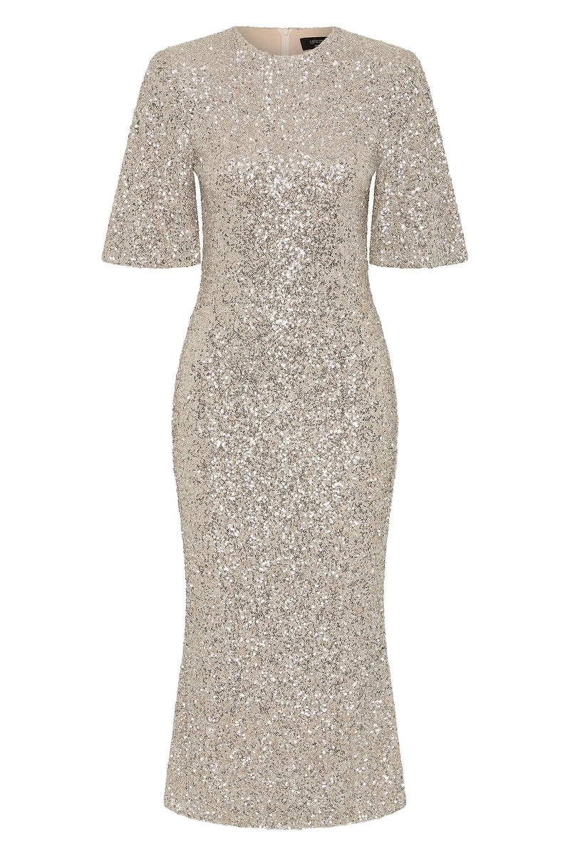 Carla Zampatti Ivory Crushed Sequin Bell Sleeve Midi Dress Carla Zampatti Ivory Crushed Sequin Bell Sleeve Midi Dress | Midi Dresses | Coveti