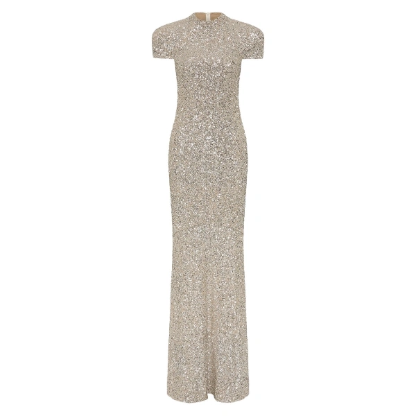 Ivory Crushed Sequin Raglan Sleeve Gown