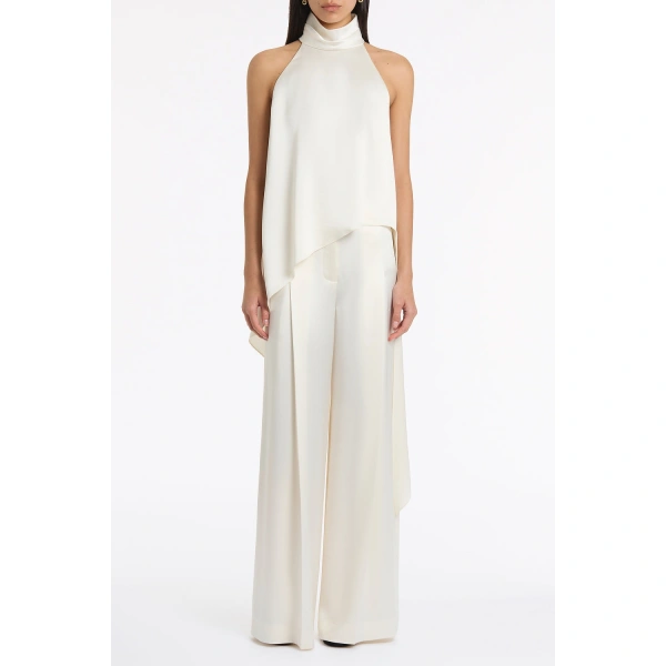Carla Zampatti Ivory Satin Acetate Draped Asymmetric Top | Sleeveless & Tank Tops | Coveti
