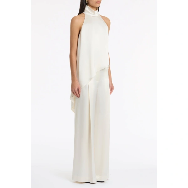 Carla Zampatti Ivory Satin Acetate Draped Asymmetric Top | Sleeveless & Tank Tops | Coveti