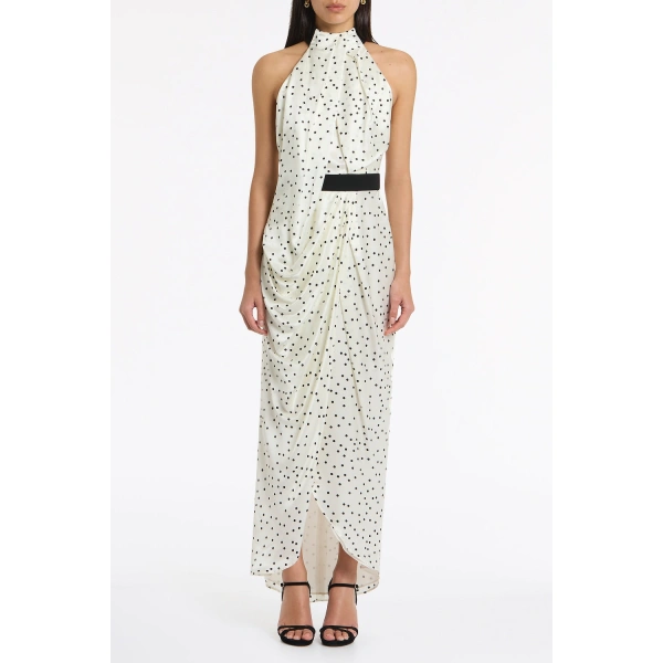 Carla Zampatti Monochrome Dot Silk Viscose Halter Draped Gown | Maxi Dresses | Coveti