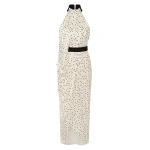 Carla Zampatti Monochrome Dot Silk Viscose Halter Draped Gown | Maxi Dresses | Coveti
