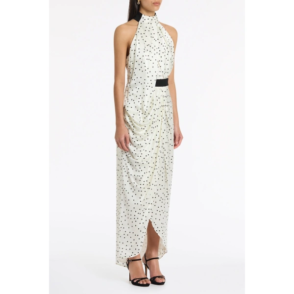 Carla Zampatti Monochrome Dot Silk Viscose Halter Draped Gown | Maxi Dresses | Coveti
