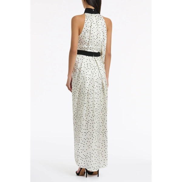 Carla Zampatti Monochrome Dot Silk Viscose Halter Draped Gown | Maxi Dresses | Coveti