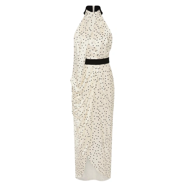 Monochrome Dot Silk Viscose Halter Draped Gown