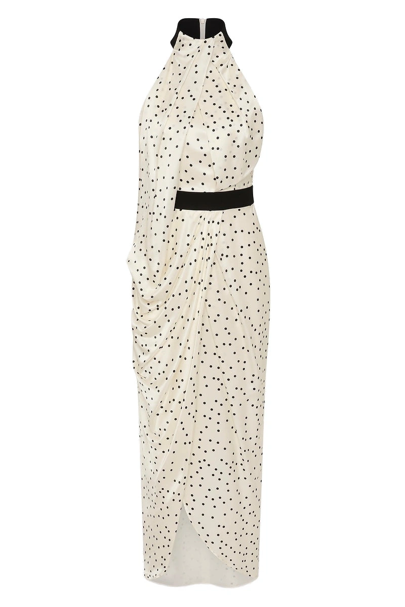 Carla Zampatti Monochrome Dot Silk Viscose Halter Draped Gown Carla Zampatti Monochrome Dot Silk Viscose Halter Draped Gown | Maxi Dresses | Coveti