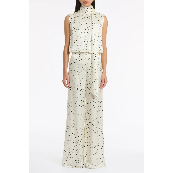 Carla Zampatti Monochrome Dot Silk Viscose Tie Neck Top | Blouse | Coveti