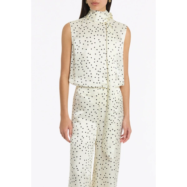 Carla Zampatti Monochrome Dot Silk Viscose Tie Neck Top | Blouse | Coveti