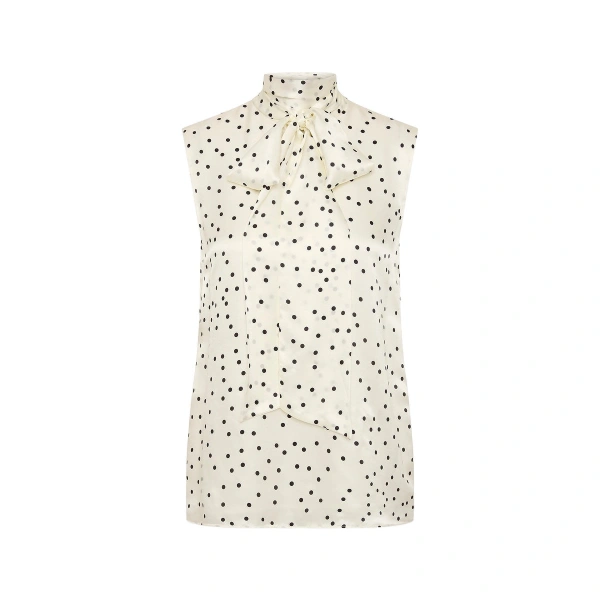Monochrome Dot Silk Viscose Tie Neck Top