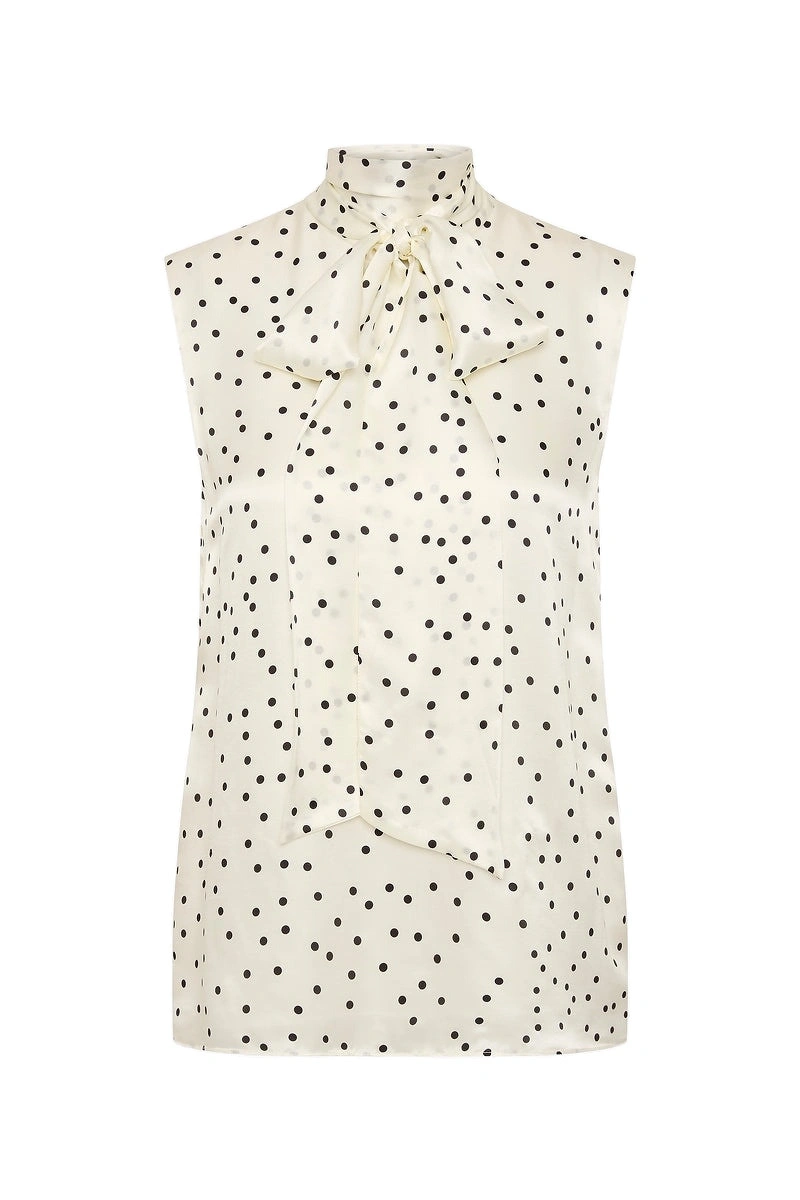 Carla Zampatti Monochrome Dot Silk Viscose Tie Neck Top Carla Zampatti Monochrome Dot Silk Viscose Tie Neck Top | Blouse | Coveti