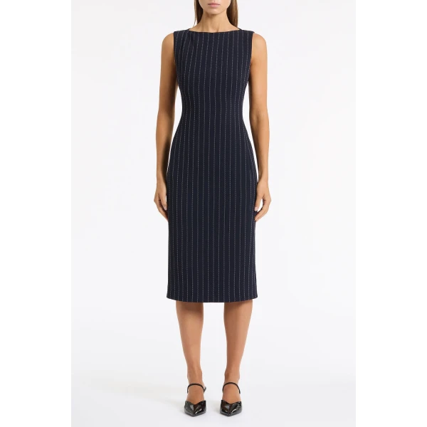 Carla Zampatti Navy Pinstripe Sheath Dress | Midi Dresses | Coveti