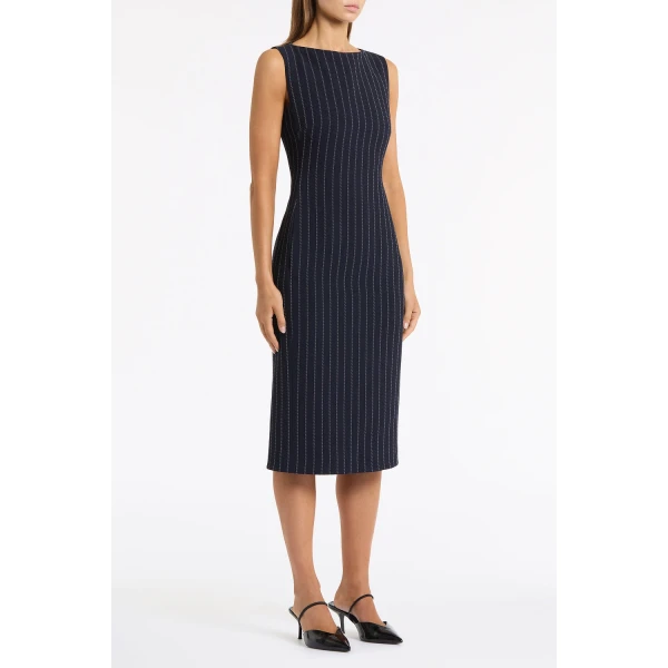 Carla Zampatti Navy Pinstripe Sheath Dress | Midi Dresses | Coveti