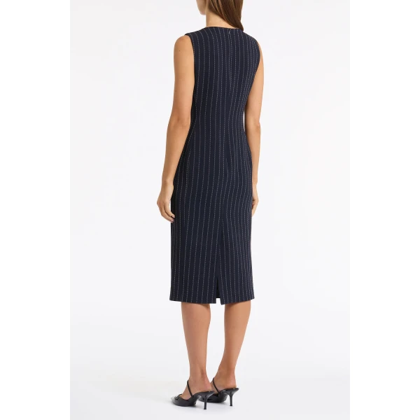 Carla Zampatti Navy Pinstripe Sheath Dress | Midi Dresses | Coveti