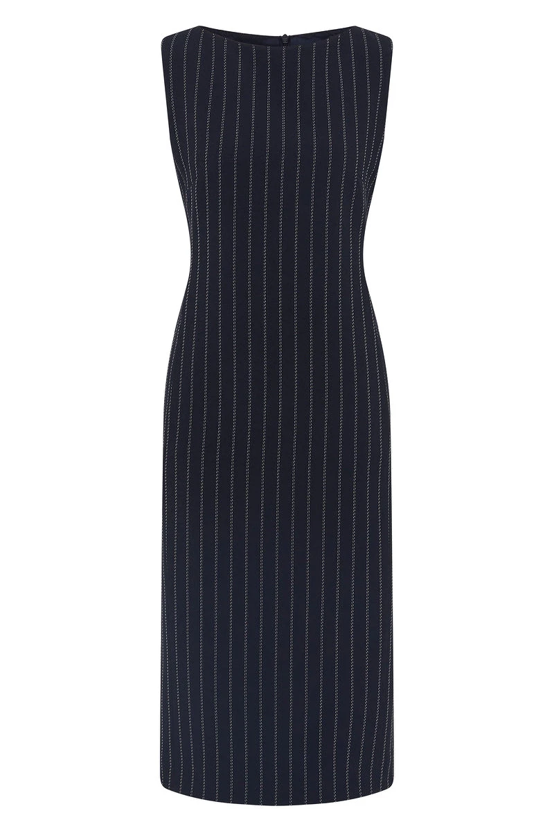Carla Zampatti Navy Pinstripe Sheath Dress Carla Zampatti Navy Pinstripe Sheath Dress | Midi Dresses | Coveti