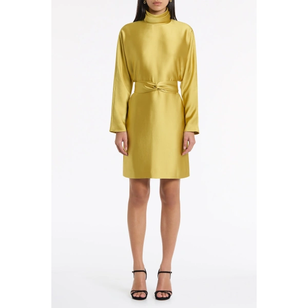 Carla Zampatti Pear Lustre Satin High Collar Belted Dress | Mini Dresses | Coveti