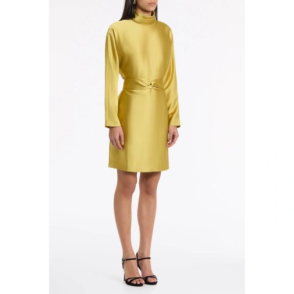 Carla Zampatti Pear Lustre Satin High Collar Belted Dress | Mini Dresses | Coveti