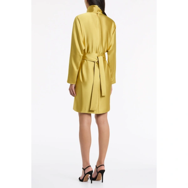 Carla Zampatti Pear Lustre Satin High Collar Belted Dress | Mini Dresses | Coveti