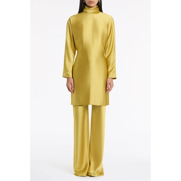 Carla Zampatti Pear Lustre Satin High Collar Belted Dress | Mini Dresses | Coveti