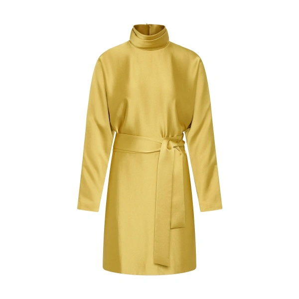 Pear Lustre Satin High Collar Belted Dress