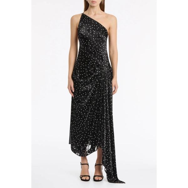 Carla Zampatti Pinspot Silk Burnout Peak Hem Draped Dress | Midi Dresses | Coveti