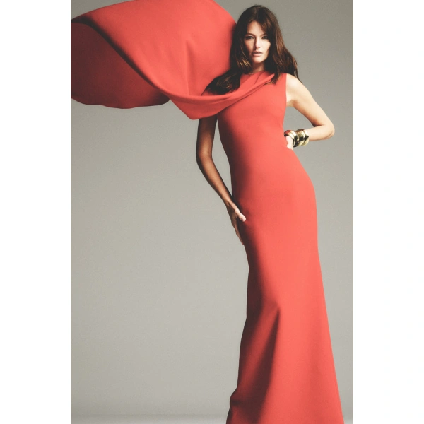 Carla Zampatti Red Crepe Asymmetrical Drape Gown | Evening Gowns | Coveti