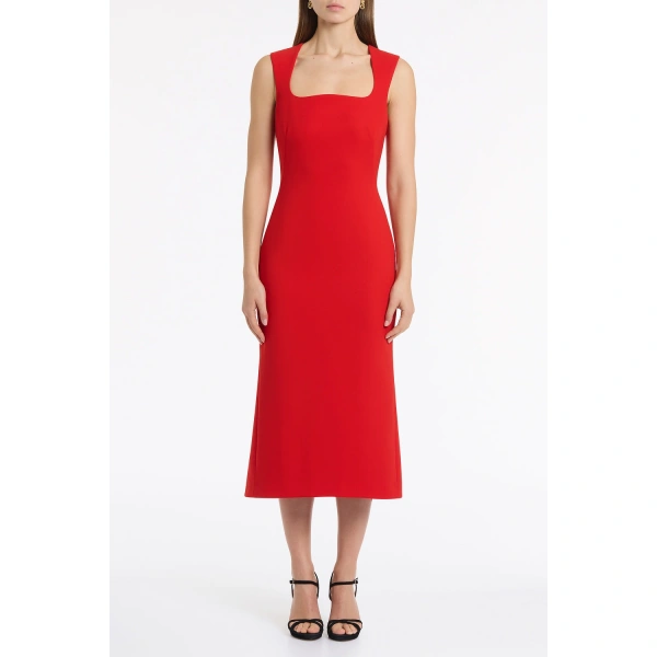 Carla Zampatti Red Crepe Curve Neck Detail Midi Dress | Midi Dresses | Coveti