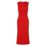 Carla Zampatti Red Crepe Curve Neck Detail Midi Dress | Midi Dresses | Coveti