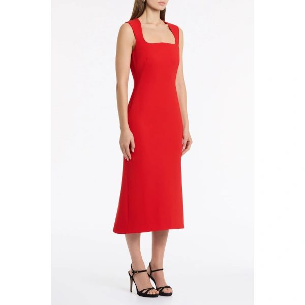 Carla Zampatti Red Crepe Curve Neck Detail Midi Dress | Midi Dresses | Coveti