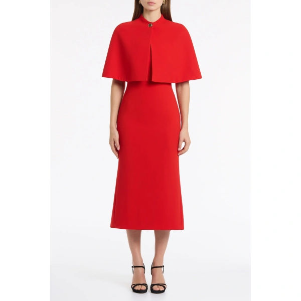 Carla Zampatti Red Crepe Curve Neck Detail Midi Dress | Midi Dresses | Coveti