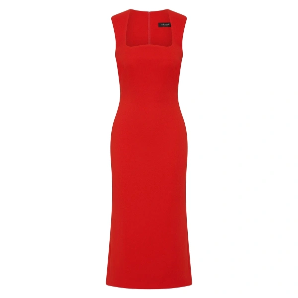 Red Crepe Curve Neck Detail Midi Dress