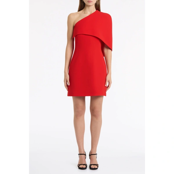 Carla Zampatti Red Crepe One Shoulder Capelet Mini Dress | Mini Dresses | Coveti