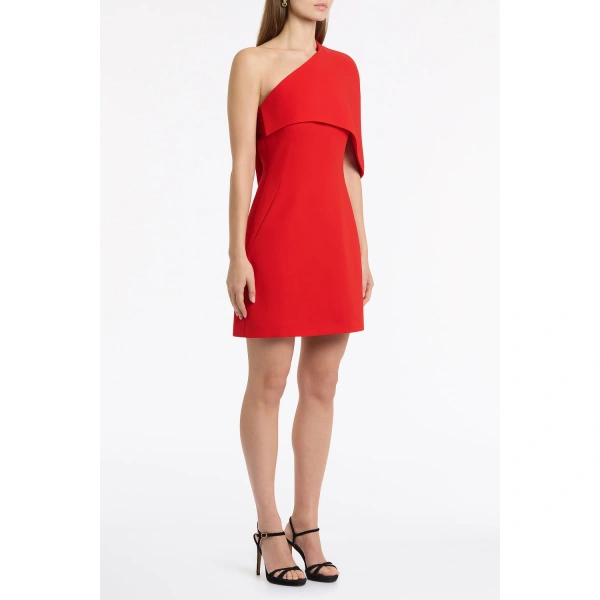 Carla Zampatti Red Crepe One Shoulder Capelet Mini Dress | Mini Dresses | Coveti