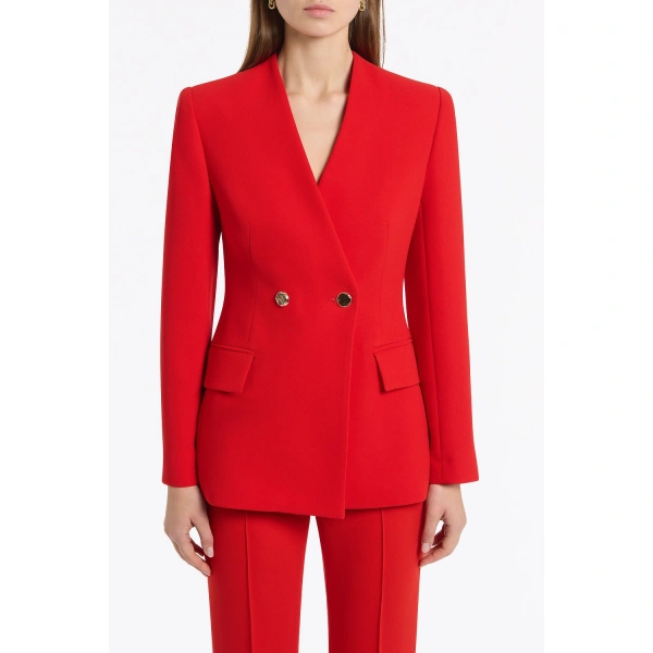 Carla Zampatti Red Crepe V-neck Double Breasted Jacket | Blazers | Coveti