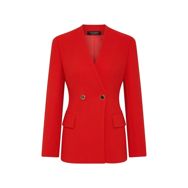 Carla Zampatti Red Crepe V-neck Double Breasted Jacket | Blazers | Coveti