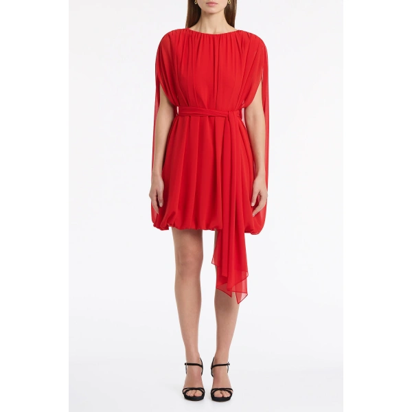 Carla Zampatti Red Georgette Gathered Capelet Dress | Mini Dresses | Coveti