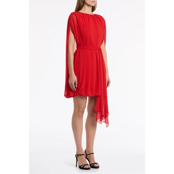 Carla Zampatti Red Georgette Gathered Capelet Dress | Mini Dresses | Coveti