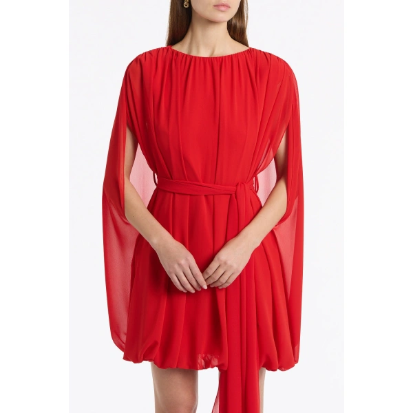 Carla Zampatti Red Georgette Gathered Capelet Dress | Mini Dresses | Coveti