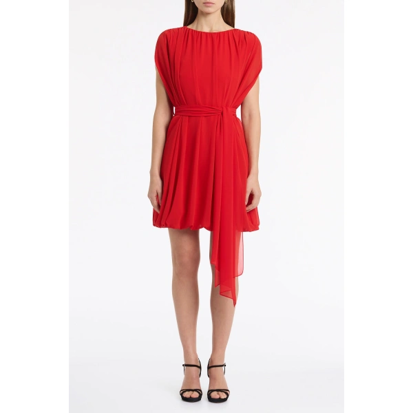 Carla Zampatti Red Georgette Gathered Capelet Dress | Mini Dresses | Coveti