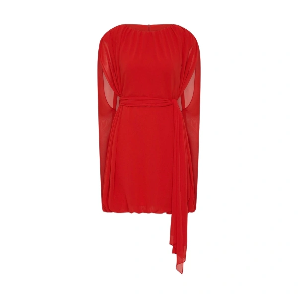Red Georgette Gathered Capelet Dress