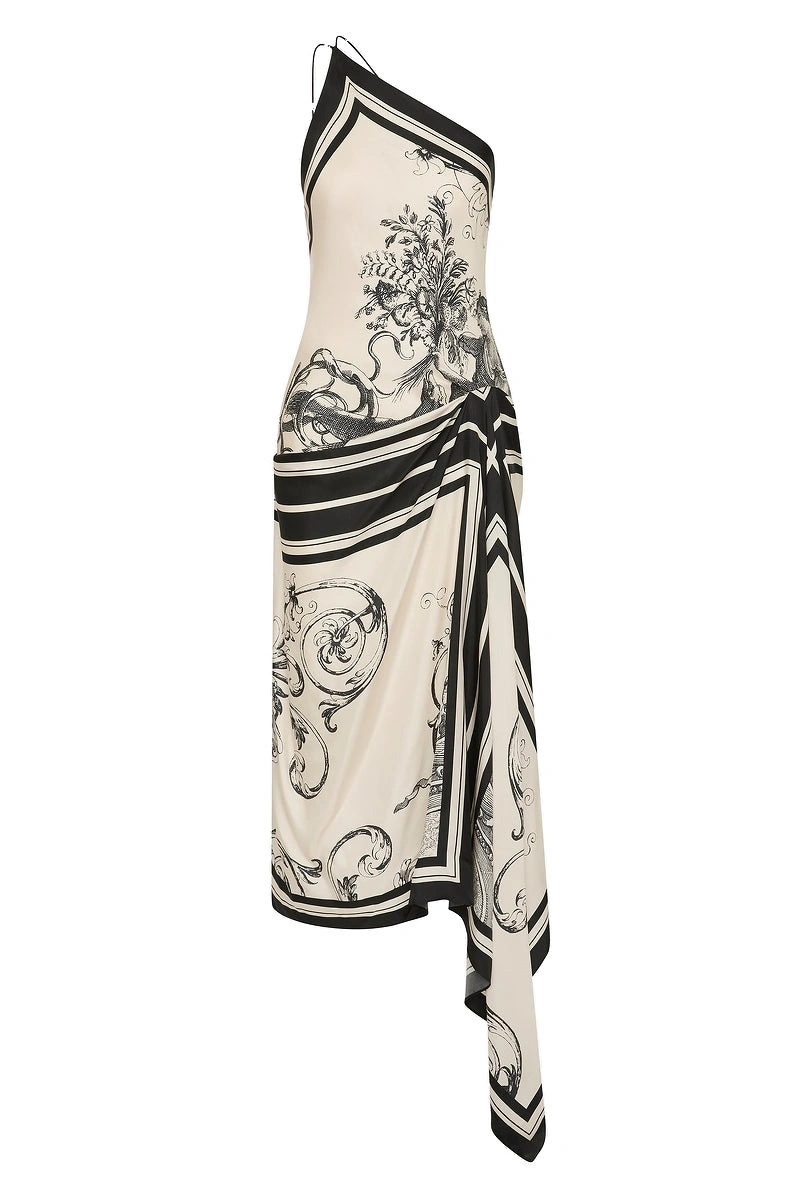 Carla Zampatti Rococo Silk Twill Asymmetrical Scarf Gown Carla Zampatti Rococo Silk Twill Asymmetrical Scarf Gown | Maxi Dresses | Coveti