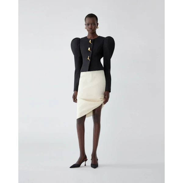 Carolina Herrera Asymmetric Gathered Knee-Length Skirt in Ivory, view 2