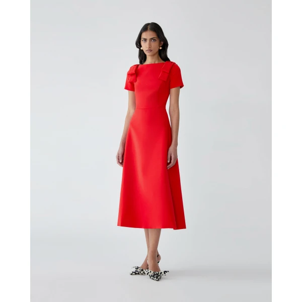 Carolina Herrera Bow-Shoulder Midi Dress in Chili Red, view 2